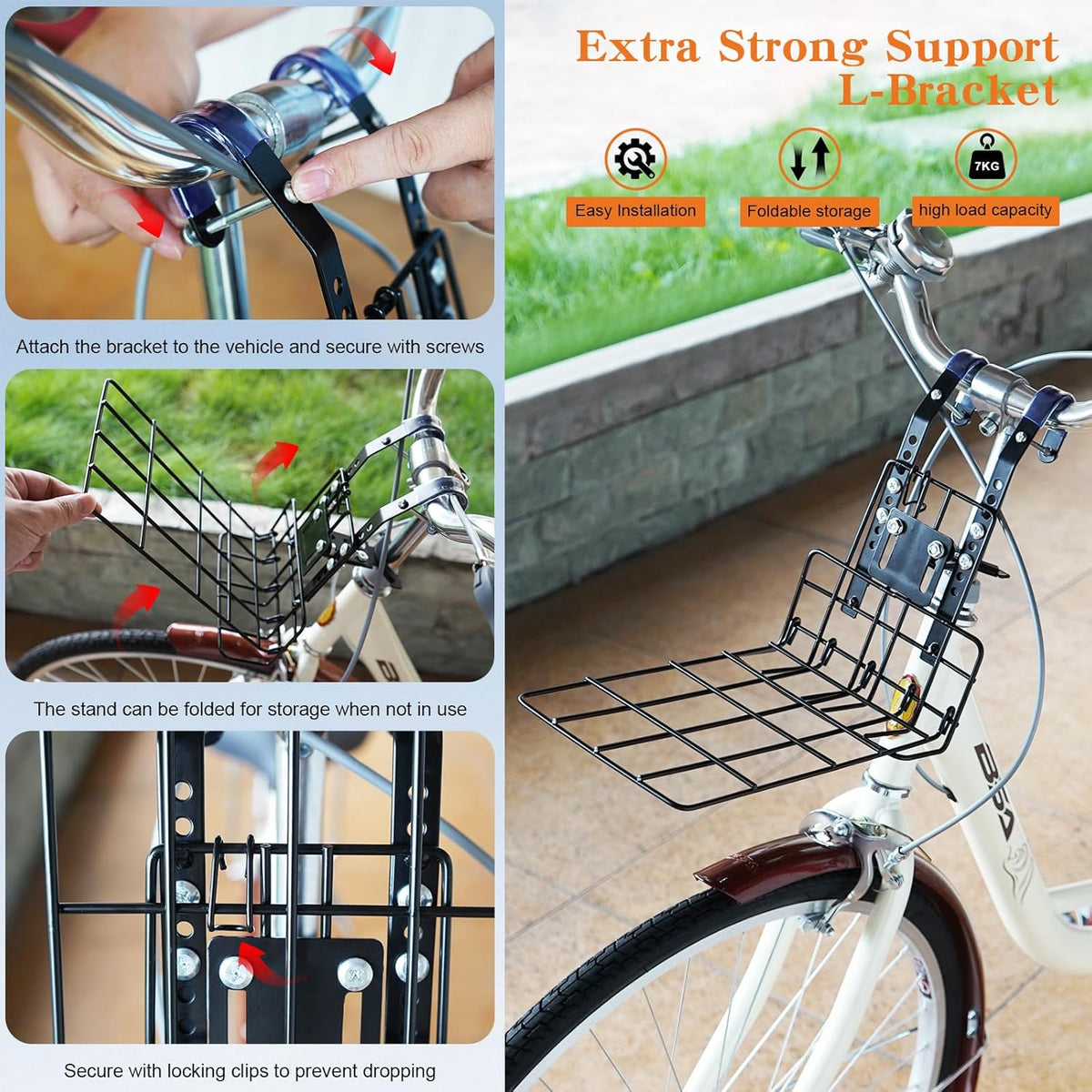 Xixter Dog Basket for Bike, Suitable for Small & Medium Pet Up to 7 kg, Foldable 4-in-1 Pet Bike Basket, Crossbody, Shoulder and Car Seat, with Sturdy Bracket and 4 Mesh Windows, Gray