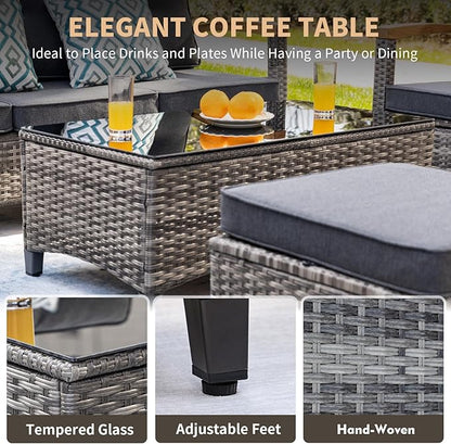 MEISSALIVVE 7 Pieces Patio Furniture Sets,PE Wicker Outdoor Conversation Sets with 2 Wood Armrests Swivel Rocker Chairs, 2 Ottoman, 3-seat Sofa and Coffee Table(Grey)