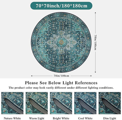 Moynesa Ultra-Thin Washable Round Rug - 6ft Teal Large Living Room Circle Area Rugs, Vintage Dining Room Mat Stain Resistant Nursery Carpet for Bedroom Mudroom Kitchen Apartment Home Office