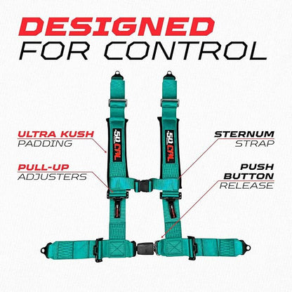 1pc 50 Cal Teal 4 Point Harness 3" Straps, Racing Harness Seat Belt | Ultra Kush padding, Push Button quick release hardware. Universal Fit for UTV, RZR, race car.