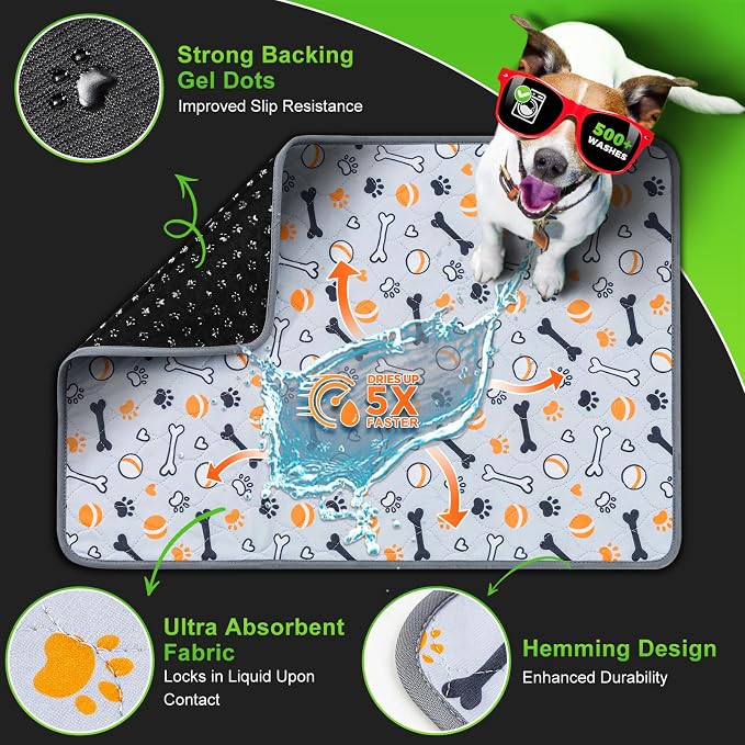 Hompet Washable Pee Pads for Dogs, 22"x14.5", 2-Pack Thick Heavy Absorbency Reusable Pee Pads Prevent Leakage Non-Slip, Pet Training Pads for Puppy Playpen, Crate, Potty, Floor, Bed, Sofa