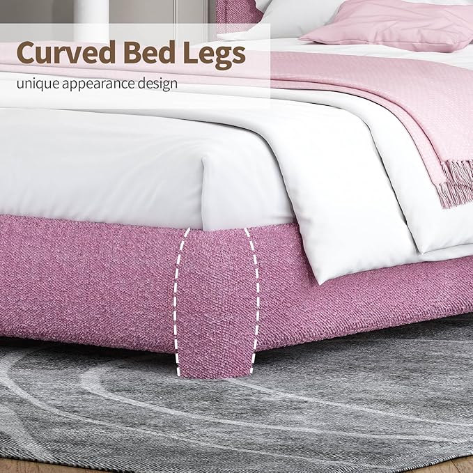 BarnFurin Queen Bed Frame with Headboard, Boucle Upholstered Platform Bed with Wood Slats, Soft Rounded Corners, No Box Spring Required, Easy Assembly, Rose Pink