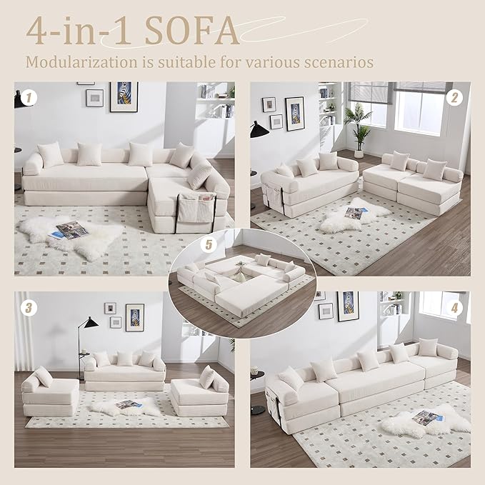106" Oversized Convertible Sleeper Sofa Bed, Corduroy L Shape Sectional Couch, Folding Sofa Bed with Side Pocket, Modern Cloud Floor Mattress Couch, Modular Sofa for Living Room, Beige