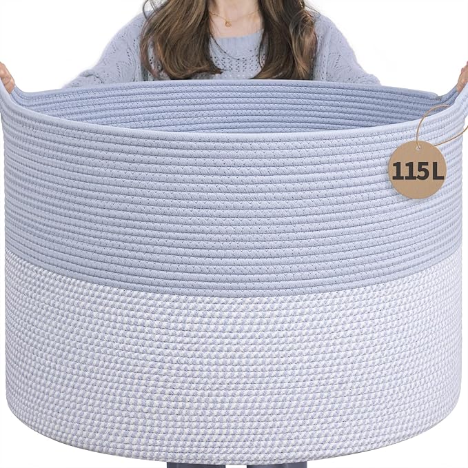 INDRESSME 115L Extra Large Rope Basket, Organizing Storage for Nursery Living Room Home Décor., Decorative Woven Laundry Basket, Towel, Gift Baskets, Blue