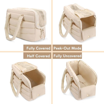 Dog Purse Carrier for Small Dog Cat Rabbit up to 13 lbs, Lightweight Portable Soft Sided Pet Purses, Quilted Puffy Tote Puppy Carrier with Large Pockets for Hiking, Travel, Vet Beige