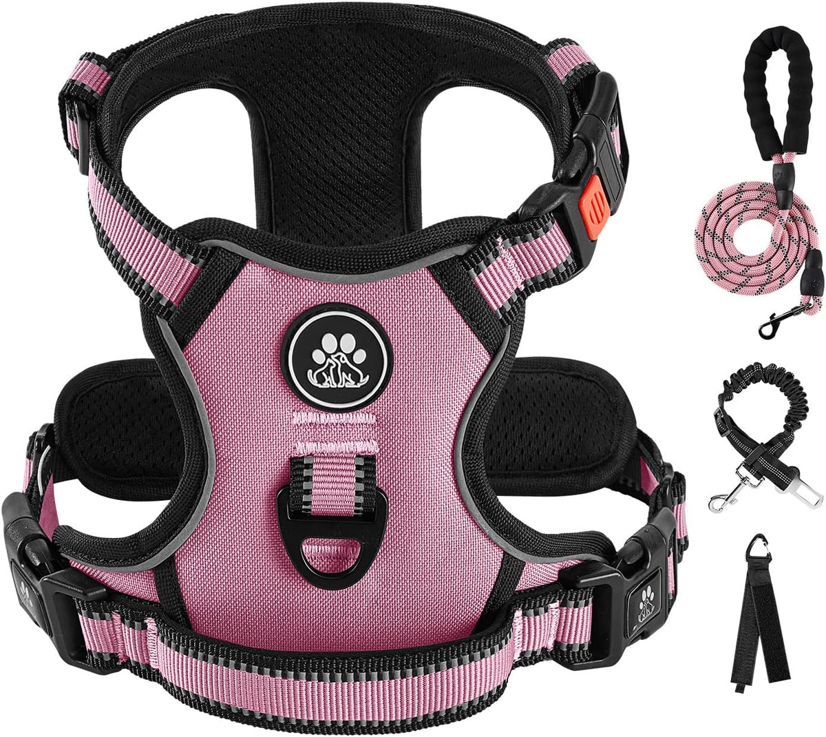 IVY&LANE No Pull Dog Harness for Large Dogs, Dog Vest Harness with Leash, Safety Belt and Storage Strap, Fully Adjustable Harness, 360° Reflective Strip, Soft Handle (Pink, XL)