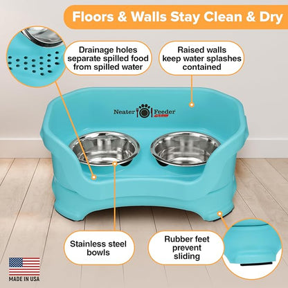 Neater Pet Brands Neater Feeder Deluxe Mess Proof Cat Bowls Elevated, Made in USA, No Spill Raised Bowls for Indoor Cats, Stainless Steel Food and Water Bowl Set, Pet Dish Feeding Station, Aquamarine