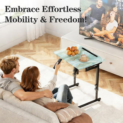 Adjustable Height Tv Tray Table,Portable Folding Tv Tray Dinner Snack Trays Table,Small Foldable C-Shaped End Table for Eating,Slide Under Couch Side with Sturdy MDF Top,No Assembly(Sea Blue+Black)