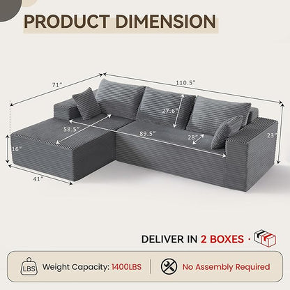 UMBFUN 110" Cloud Sectional Couch for Living Room, Boneless Couch with L-Shape Chaise, Modular Sectional Sofa with Deep Seat, Oversized Modular Sofa for Bedroom, No Assembly Required, Corduroy