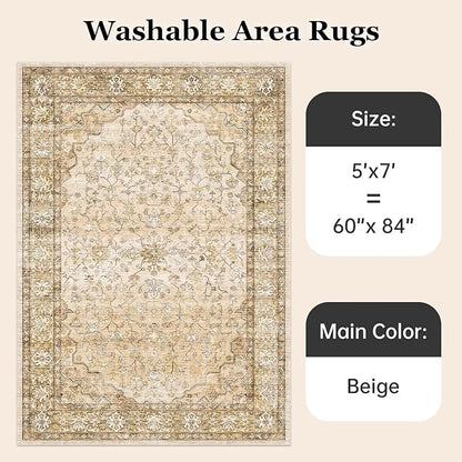 Natural Beige Area Rugs 5x7 Indoor Vintage Trellis Living Room Rug Washable Low Pile Soft Faux Fur Non Slip Sound Absorbing Tan Boho Floral Carpet Rugs for Bedroom Office Patio Dining Room Bathroom