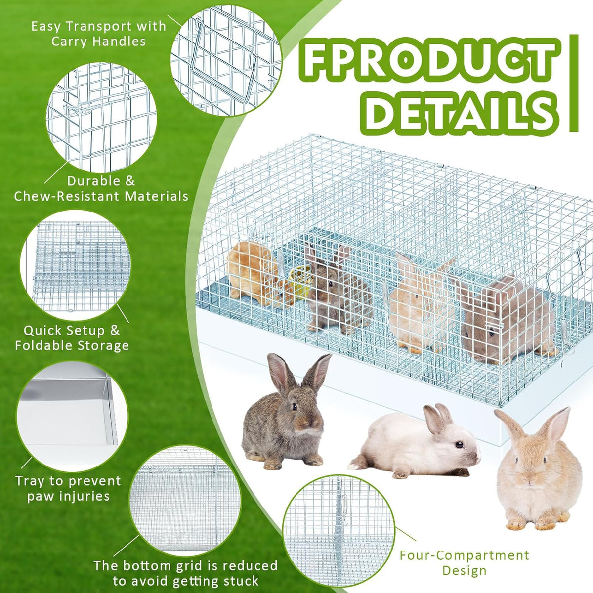 Folding Rabbit Cage, 28 x 16 x 12 in Portable Bunny Carrier with Tray and Handles for Transport, Travel or Temporary Housing, Indoor Outdoor Pet Habitat Animal Enclosure