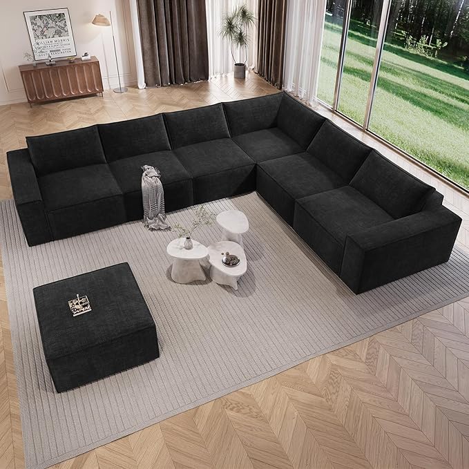 Vesgantti 143.7" Oversized Boneless Sectional Couch, Modern 6 Seater Modular Sofa with Ottoman & Deep Seat, Convertible Chenille Cloud Couches for Living Room, No Assembly Required, Black