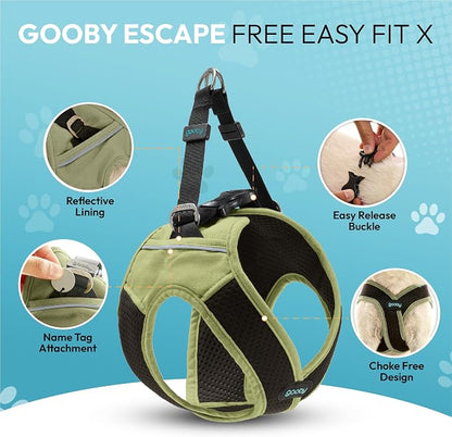 Gooby Escape Free Easy Fit X Step-in Dog Harness, Portland Green, Small | Patented escape-free, tightens on back-out; Choke-free X-frame + V-neck; Quick-release buckle; Reflective trim