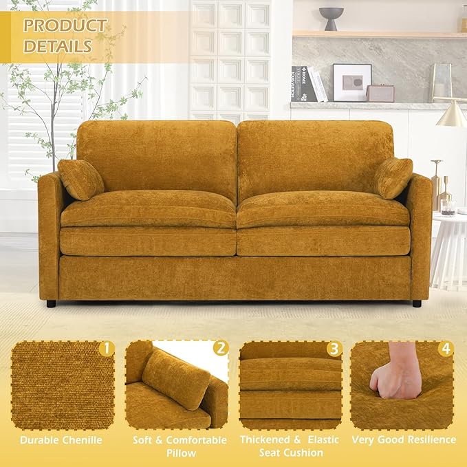 69” Chenille Loveseat Sofa w/Arm Pillows, Upholstered 2-Seater Sofa w/Comfortable Back Cushions, Modern 2 Seats Couch w/High-Density Foam for Living Room, Apartment, Office, Yellow