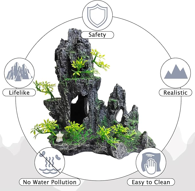 kathson Aquarium Mountain View Stone Resin Fish Tank Decoration Betta Hideout Caves Rockery Landscape Tree Aquarium Decorations Large Rock Hiding Cave Decor for Small Fish Shrimp Play Ornament