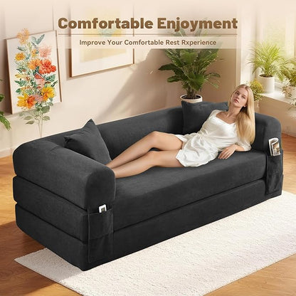 Convertible Futon Sofa Bed,80" Folding Pull Out Couch Bed with Pillows & Storage Pocket, Oversized Queen Sleeper Sofa in a Box,Corduroy Boneless Couch for Living Room,Deep Gray