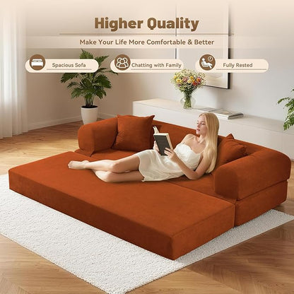 Convertible Futon Sofa Bed,80" Folding Pull Out Couch Bed with Pillows & Storage Pocket, Oversized Queen Sleeper Sofa in a Box,Corduroy Boneless Couch for Living Room,Orange