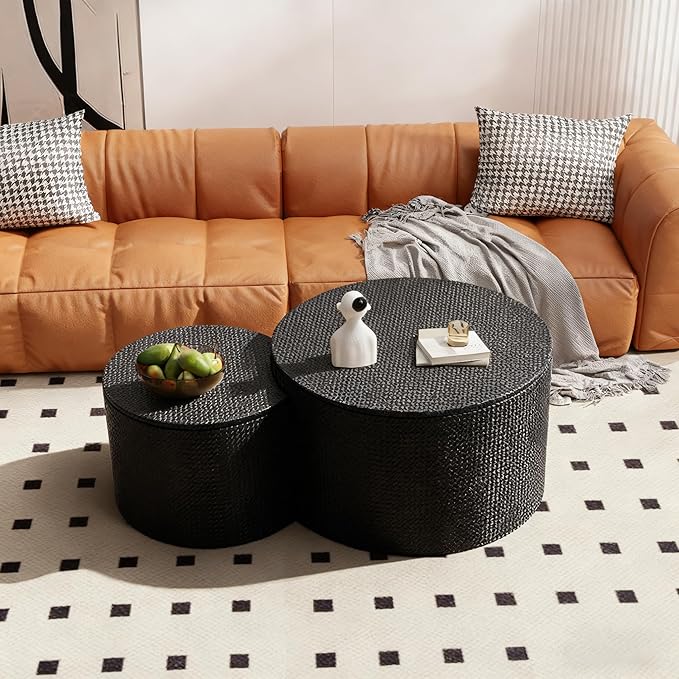 Round Nesting Coffee Table Set of 2, Round Fluted Coffee Tables with Storage for Living Room Leather Veneer Modern Nesting End Side Tables for Small Spaces (A Storage Black)