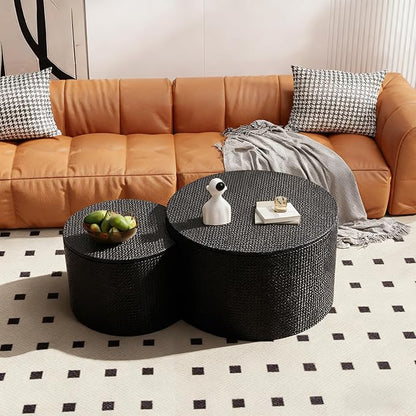 Round Nesting Coffee Table Set of 2, Round Fluted Coffee Tables with Storage for Living Room Leather Veneer Modern Nesting End Side Tables for Small Spaces (A Storage Black)