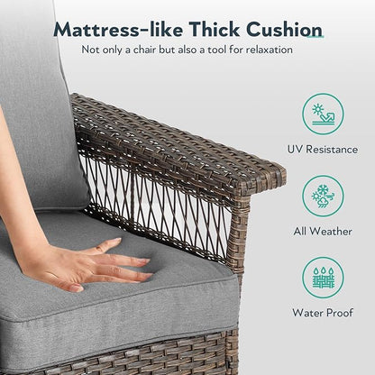 6 Pieces Wicker Patio Furniture Set - Hollow Widen Armrests Outdoor Swivel Glider Chairs and 3 Seat Sofa with Coffee Table & Ottomans for Balcony Porch Deck and Yard - Brown/Gray
