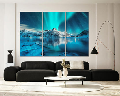 Nature Wall Art Prints - Ocean Forest Mountain Lake Canvas Landscapes - Small to Extra Large Living Room Bedroom Kitchen Bathroom Décor (Northern Lights Over Lake, 47L" x 71W" - 3 panels)