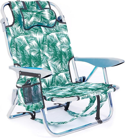 Canpsky Portable Beach Chair for Adults, Outdoor Camping Chair Lay Flat Folding Backpack Beach Reclining Chair with 5 Positions, Headrest, Cup Holder, Heavy Leaf