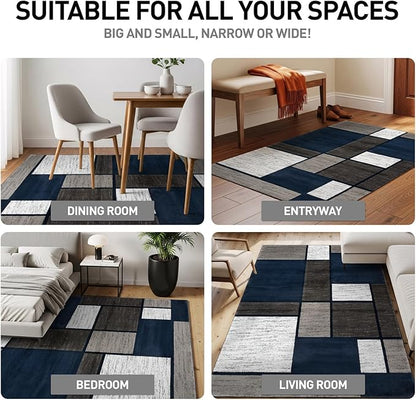 Rugshop Modern Geometric Boxes Navy Area Rug, Carpet with Jute Backing for Hallway, Entryway, or Laundry Room, 2' x 7'2"