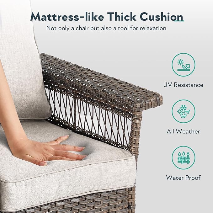 Outdoor Swivel Glider Chairs - 4 Pieces Hollow Widen Armrests Wicker Patio Furniture Set with Ottomans, High Back Outside Swivel Rocker for Balcony Porch Deck and Yard - Brown/Beige