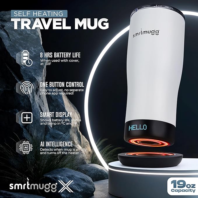 X Heated Coffee Mug 19 oz., 8 Hour Battery Life, Self-Heating, Adjustable Temp