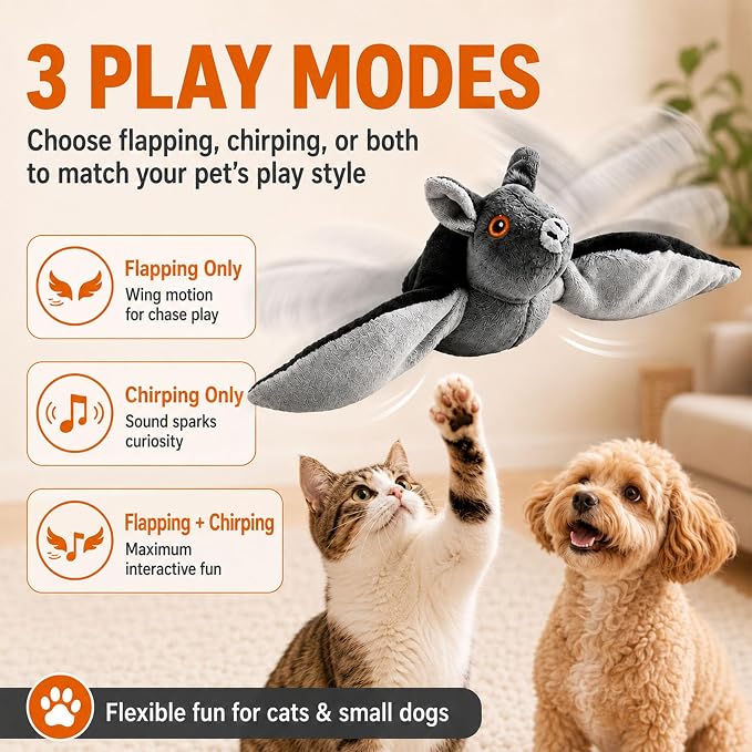 Flying Bat Dog Toy, Flying Bat Toy for Dogs & Cats with Flapping Wings and Chirping Sound, Motion-Activated Interactive Pet Toy for Hanging, Ground and Indoor Chase Play (2PCS)