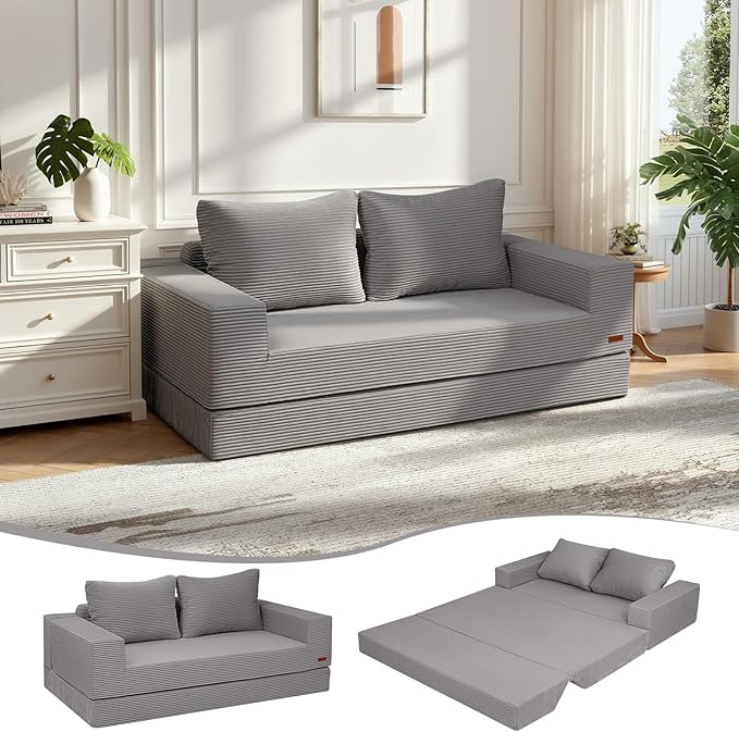 COMAX Convertible Sofa Bed Queen, Corduroy Folding Floor Couch Pull Out Couch Bed Futon Sleeper with Pillows, Fold Out Boneless Sofa Comfy Lounge Mattress Loveseat for Living Room Bedroom, Light Grey