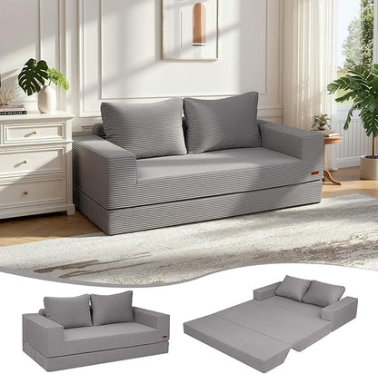 COMAX Convertible Sofa Bed Queen, Corduroy Folding Floor Couch Pull Out Couch Bed Futon Sleeper with Pillows, Fold Out Boneless Sofa Comfy Lounge Mattress Loveseat for Living Room Bedroom, Light Grey