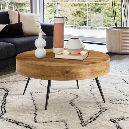 LKTART Coffee Table for Living Room, Round Wood Coffee Tables with Storage, Modern Metal Accent Center Tea Table for Apartment Small Space (31Inch-Brown)