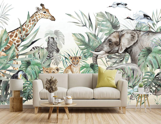 -Tropical Rainforest Plants Animals Tigers Fabric Wallpaper Jungle Plants Banana Leaves Boys Girls Kindergarten Children Bedroom Large Mural- 137"x96"（ not Peel and Stick）