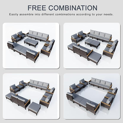 14 Pieces Patio Conversation Set, Wicker Rattan Sectional Modular Sofa Seating Set with Armchairs and Ottomans, Outdoor Furniture for Porch, Poolside, Deck, Balcony, Backyard, Yard (Gray Cushions)