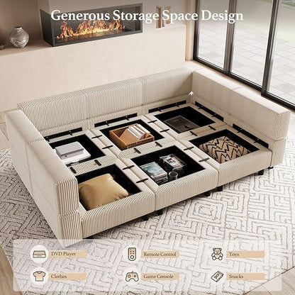 88.6" Modular Sectional Sofa with Deep Storage Seat,6 Seat Corduroy Sectional Couch Convertible Modular Sleeper Sofa Couch with Movable Ottoman Chaise,Sectional Couches for Living Room,Beige