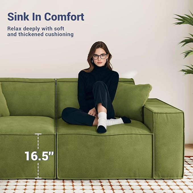 110" Cloud Sectional Couch, Chenille Boneless Couch 3 Seater with Deep Seats & Wide Armrests, Comfy Modular Sectional Sofa Memory Foam Compression Floor Sofa for Living Room, No Assembly Required