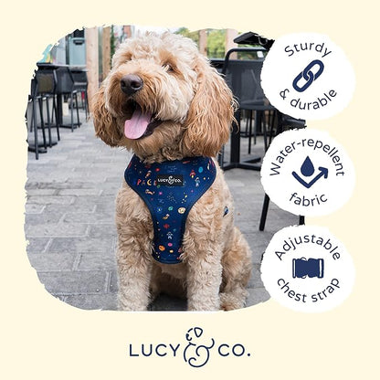 Lucy & Co. Reversible Dog Harness - Water-Repellent Neoprene, Dual-Print Design, Easy Swap Style, Adjustable Comfort Fit - Space Doodle Reversible Harness - Large