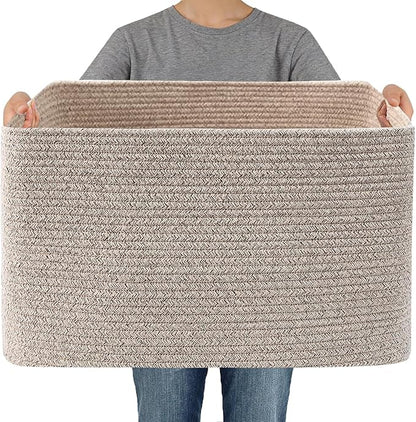 Woven Blanket Basket,65L Large Storage Bin for Blankets Toys Clothes,Decorative Rope Basket for Living Room Bedroom with Handles, Oatmeal