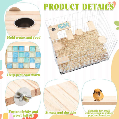 Set of 9 Wooden Hamster Cage Platform Chinchilla Ledges and L Shaped Round Hole Rat Cage Accessories with Cooling Standing Board Food Cup for Squirrel Gerbil Guinea Pig Small Animal
