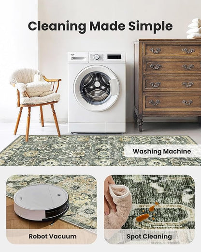 AMADA HOMEFURNISHING 8x10 Washable Area Rug, Low-Profile Large Area Rug with Non-Slip Backing & Durable Edge Binding, Vintage Large Rugs for Living Room, Bedroom, Dinning Room
