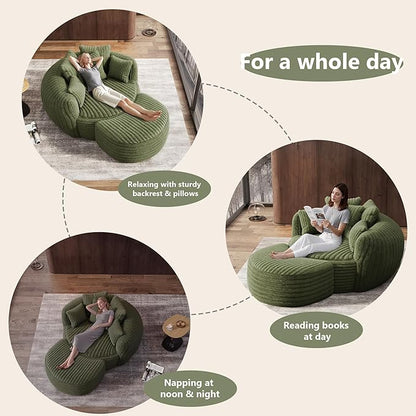 Oversized Chaise Lounge Chair Indoor with Ottoman 50.5" W x 67.0" D Round Soft Corduroy Comfy Oversized Reading Chair with 5 Pillows for Living, Reading Room - Olive Green