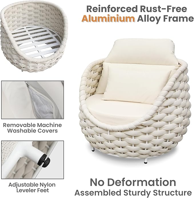 Erotr Woven Rope Patio Furniture Set: 5 Pieces Aluminum Outdoor Conversation Sofa Set All Weather - Cushioned Modern Deck Couch Set Assembled for 400lbs Front Porch Garden Lanai Sunroom Hotel, Beige