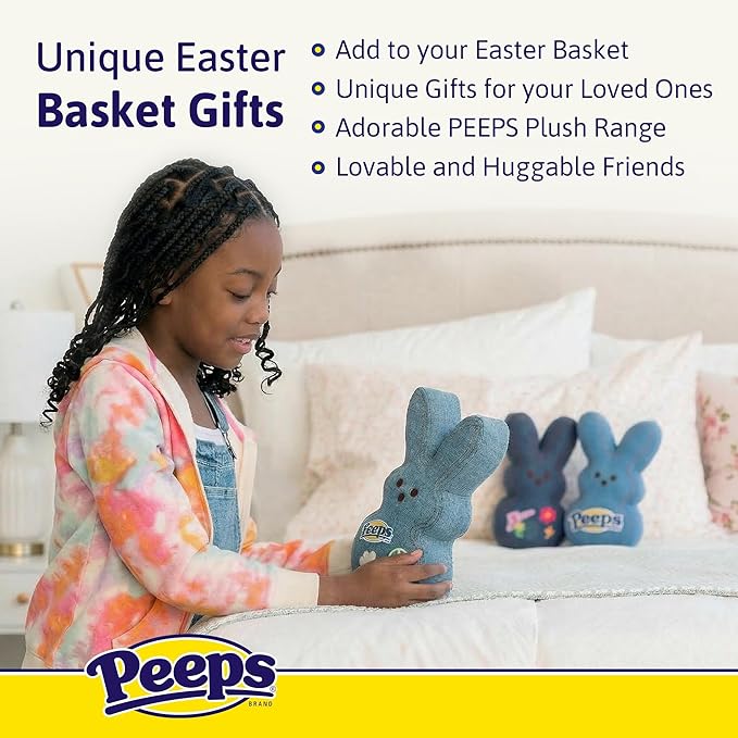 Animal Adventure | 9" Light Blue Denim Shaggy Bunny Peeps Plush | Easter Basket Stuffed Animals for Kids | Marshmallow Candy | Huggable Soft Plushie Stuffers Buddy Toy | Collectable Gifts | Aged 3+