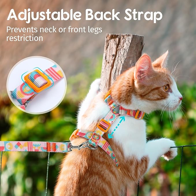Dooradar Cat Harness and Leash, Escape Proof Adjustable Kitten Vest, Lightweight Soft Pet Straps, Easy Wearing for Small Medium Kitty Safe Walking Travel Control, Rainbow, M