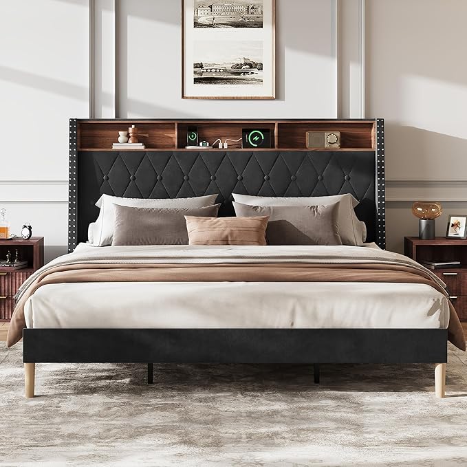 WLIVE King Size Upholstered Bed Frame with Storage Headboard, Velvet Square Tufted Platform Bed with Charging Station, Sturdy Metal & Wooden Slats Support, No Box Spring Needed, Black