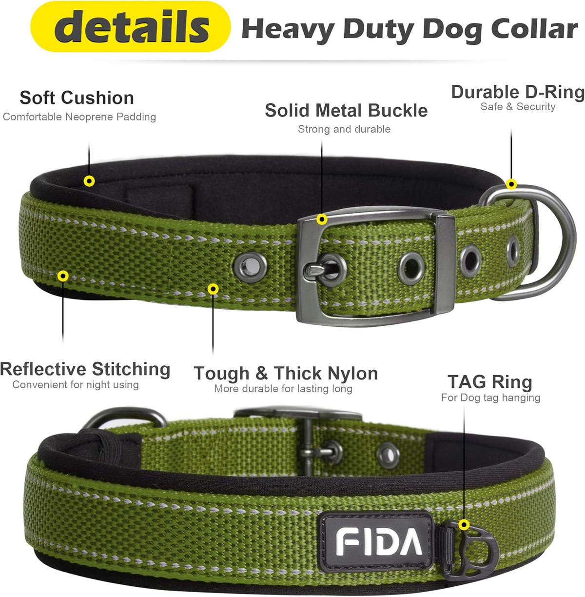 Fida Heavy Duty Dog Collar, Ultra Comfortable Soft Neoprene Padded, Adjustable Reflective Nylon Pet Collar with Durable Metal Belt Buckle for Small Breeds (S, Green)