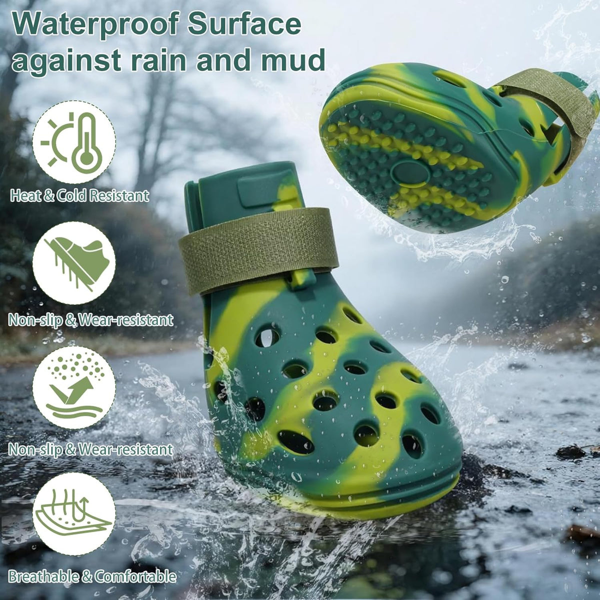 Dog Shoes for Hot Pavement and Snow, Silicone Dog Booties for Small Medium Large Dogs, Waterproof Paw Protectors- Non-Slip, Adjustable Straps, Dog Boots for Beach/Rain/Hiking (Green, S)