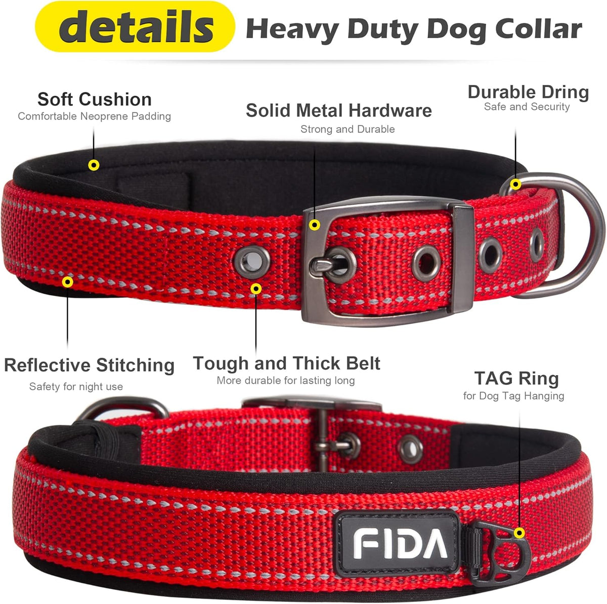 Fida Heavy Duty Dog Collar, Ultra Comfortable Soft Neoprene Padded, Adjustable Reflective Nylon Pet Collar with Durable Metal Belt Buckle for Small Breeds (S, Red)