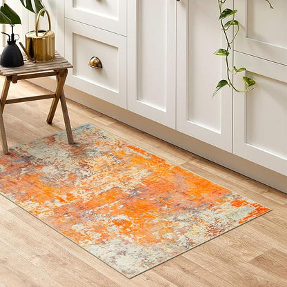 Lahome Modern Abstract Small 2x3 Rug - Washable Kitchen Rugs Non Slip Front Indoor Mat for Entry Bathroom, Contemporary Soft Throw Carpet for Entryway Bedside, Orange/Yellow